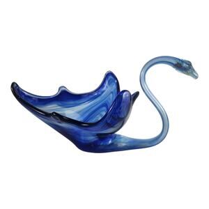 Vintage Sooner Handblown Cobalt Blue Swirl Art Glass Swan Bowl / Center pieces